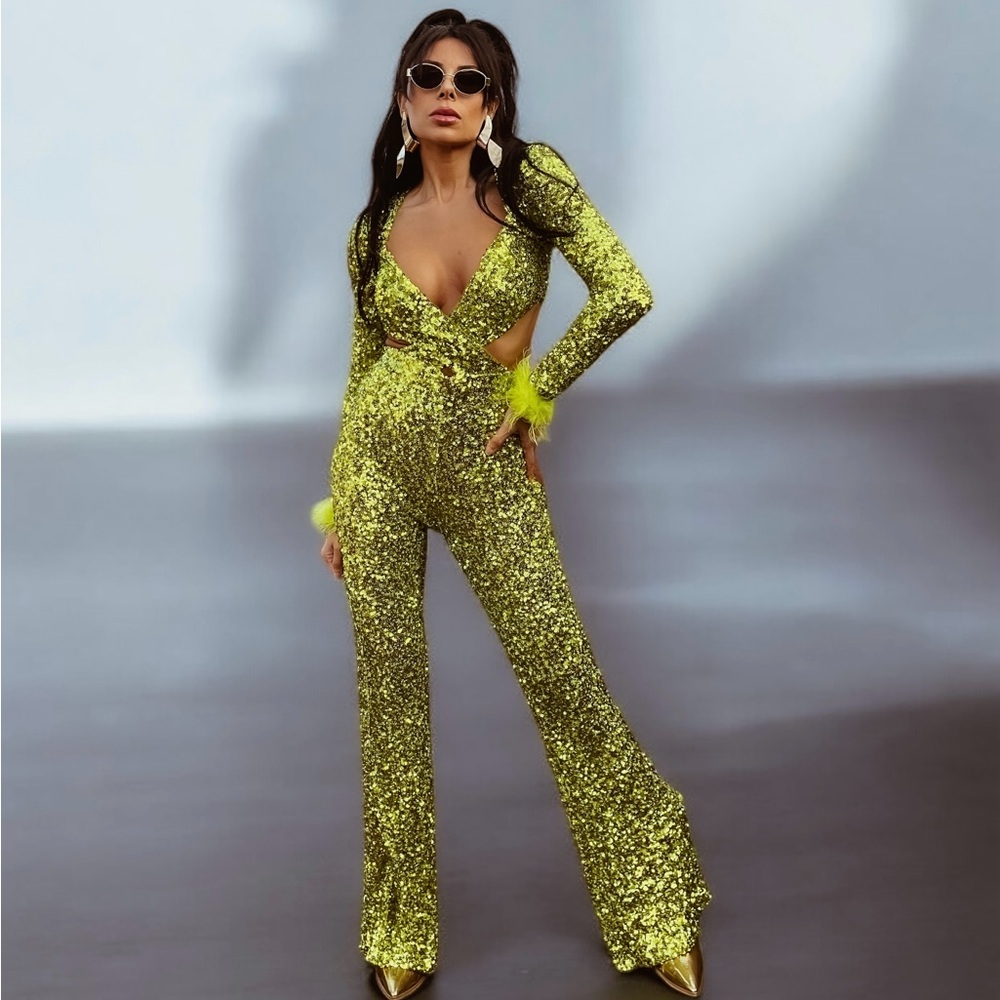 Green Disco Queen Festival Jumpsuit, Studio 54 Jumpsuit, Flared Leg Jumpsuit